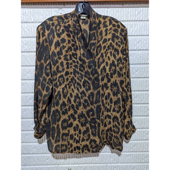 Peter Nygard Tops - Peter Nygard Women's Brown & Tan Leopard Print Silk Double Breasted Blouse Size